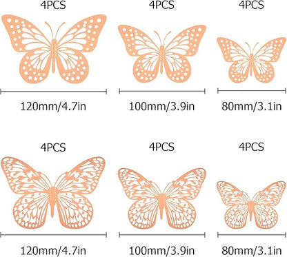 3D Butterfly Wall Stickers Removable Mural Decor, 24pcs 2styles 3 Sizes Rose Gold Butterfly for Bedroom Baby Girl Boy Room Kitchen Birthday Party Classroom Wedding Cake Decoration DIY Gift(Rose Gold)