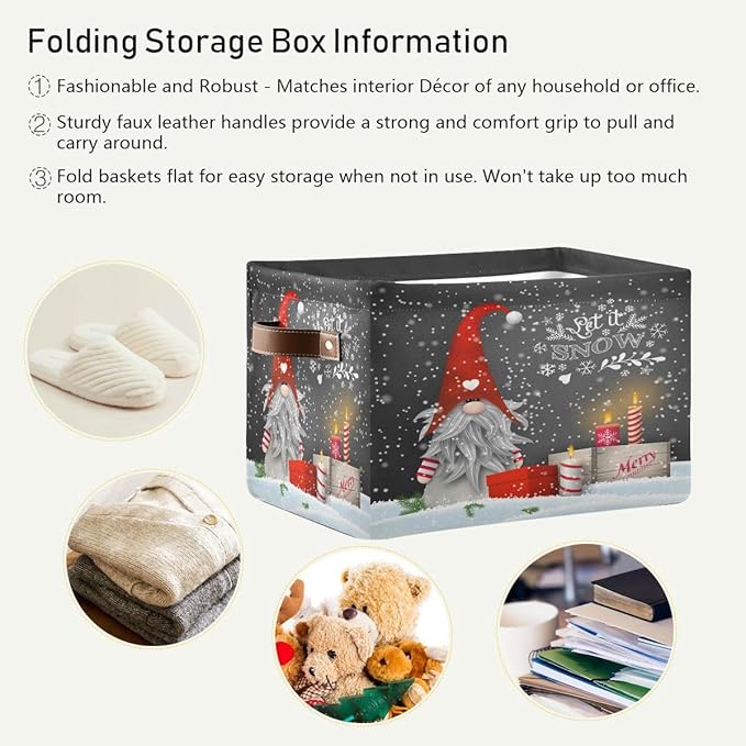 Winter Gnomes Storage Basket Fabric Kitchen Baskets Let it Snow Christmas Decorations Open Home Storage Bins Boxes Foldable Organizer Bag for Toy Book Shelf Closet Baskets 16×12×8 Inches