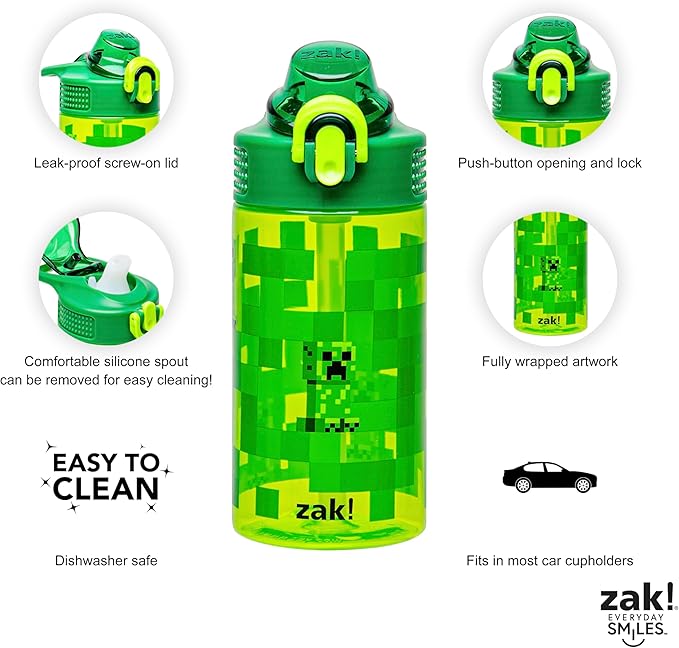 Zak Designs Sage Minecraft Kids Water Bottle For School or Travel, 16oz Durable Plastic Water Bottle With Straw, Handle, and Leak-Proof, Pop-Up Spout Cover (Creeper)