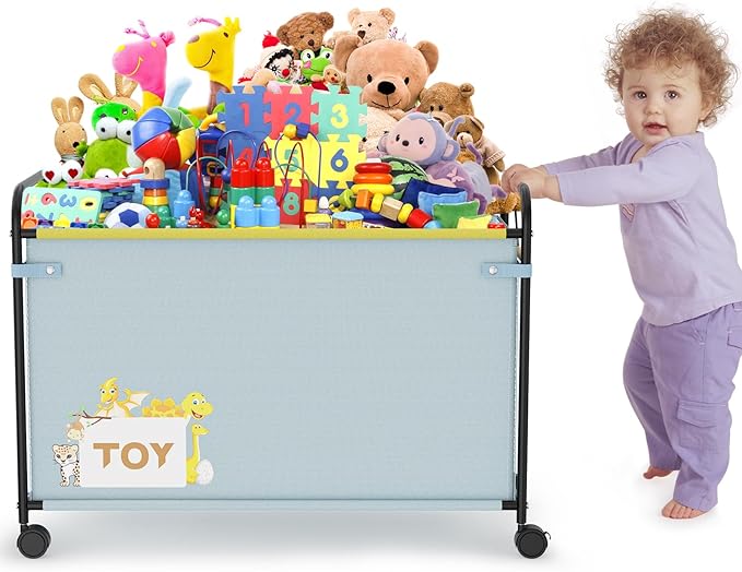 180L Large Toy Box with Wheels for Girls, Metal & Oxford Cloth Big Toy Chest for Boys, Toy Organizer with Wooden Handle for Stuffed Animals, Clothes, Bedroom, Living Room Area(Blue, 1PC)