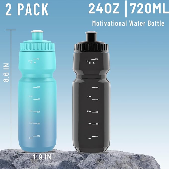 2 Pack Squeeze Water Bottles, 24oz Cycling Water Bottle, 720ml Bike Water Bottles BPA Free for cycling, Running, Hiking etc