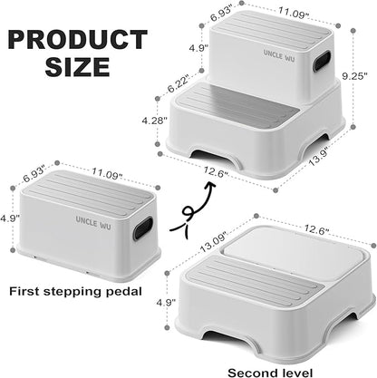 UNCLE WU Two Step Stool for Kids -Study Step Stool for Bathroom Sink-Light Weight,Two Non-Slip Step Stool for Toilet Potty Training, Kitchen, Bedroom & Livingroom(Gray White)