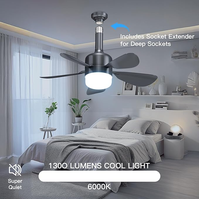 JTT Socket Fan Light with Remote - Screw in Ceiling Fan Light LED Bulb Fan with 3 Speed, 3000/4000/6000K Selectable and Adjustable Brightness Settings Socket Fan for Bedroom Living Room Kitchen Garage