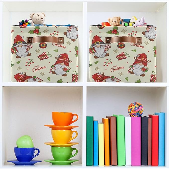 Merry Christmas Gnomes Storage Basket Fabric Kitchen Baskets Winter Candy Cane Bells Xmas Open Home Storage Bins Boxes Foldable Organizer Bag for Toy Book Shelf Closet Baskets 16×12×8 Inches