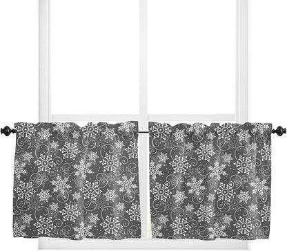 Vandarllin Christmas Kitchen Curtains and Valances Set, Grey White Snowflakes Pattern Windows Treatments Tiers Half/Short Curtains for Small Windows Cafe/Living Room/Bedroom 54x24 in Winter