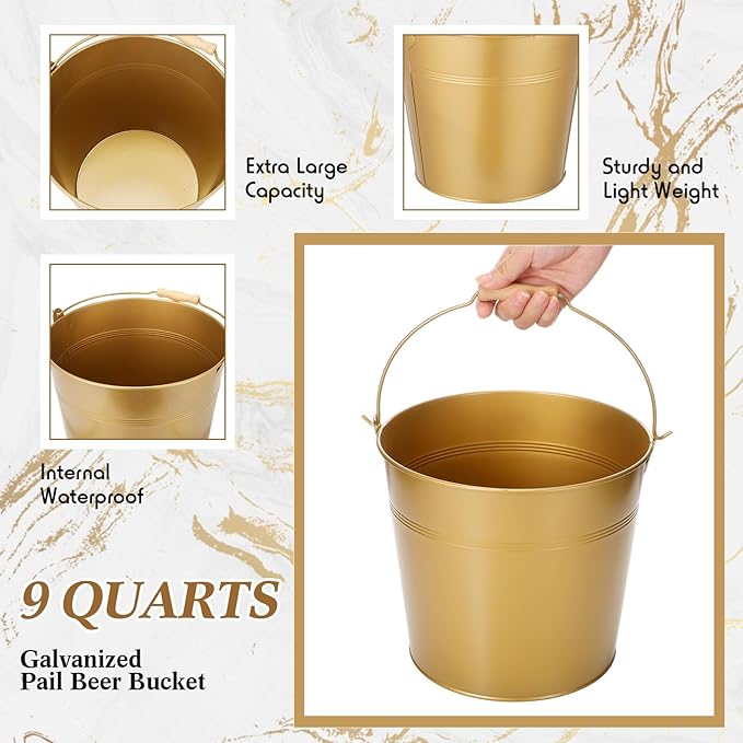 12 Pcs Large Galvanized Metal Buckets with Handle 10 Inch Heavy Duty Stainless Steel Pails Round Pail for Party Wedding, Crafts, Utensils, Table Centerpieces (Gold)