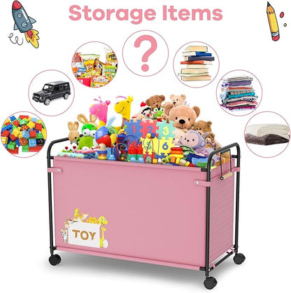 180L Kids Large Toy Box with Wheels, Metal & Oxford Cloth Big Toy Chest for Boys Girls, Toy Organizer with Wooden Handle for Bedroom, Living Room Area, Stuffed Animals, Clothes(Pink, 1PC)