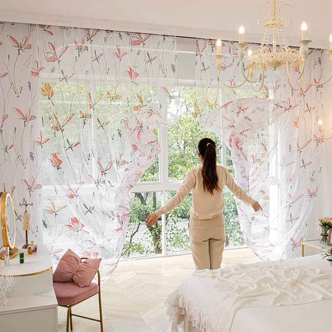 Windows Printing Pattern Sheer White Curtains 72 Inches Length 2 Panels Voile Light Filtering Sheer Curtains Panel Basic Rod Pocket for Bedroom Living Room Children Room Kitchen Yard