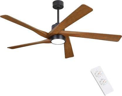 WINGBO 54" ABS DC Ceiling Fan with Lights, 5 Blade ABS Plastic Ceiling Fan with Remote, 6-Speed Reversible DC Motor, LED Ceiling Fan for Kitchen Bedroom Living Room, Black and Walnut