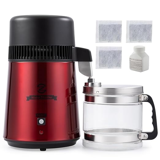 CO-Z Water Distiller, Red Stainless Steel Distilling Pure Water Machine for Home Countertop Table Desktop, 4L Distilled Water Making Machine, 4 Liter Water Purifier to Make Clean Water for Home