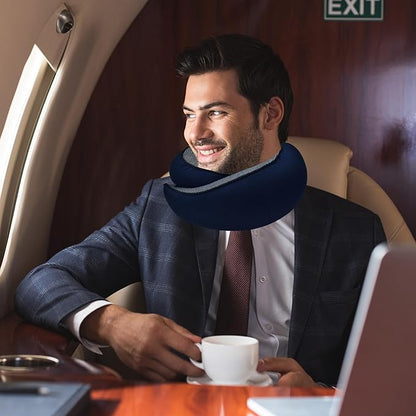 Travel Neck Pillow for Airplanes, 100% Pure Memory Foam Neck Support Pillow 360°Adjustable Full Surrounding Travel Pillow for Long Flights, Car, Train and Home Use, Navy Blue