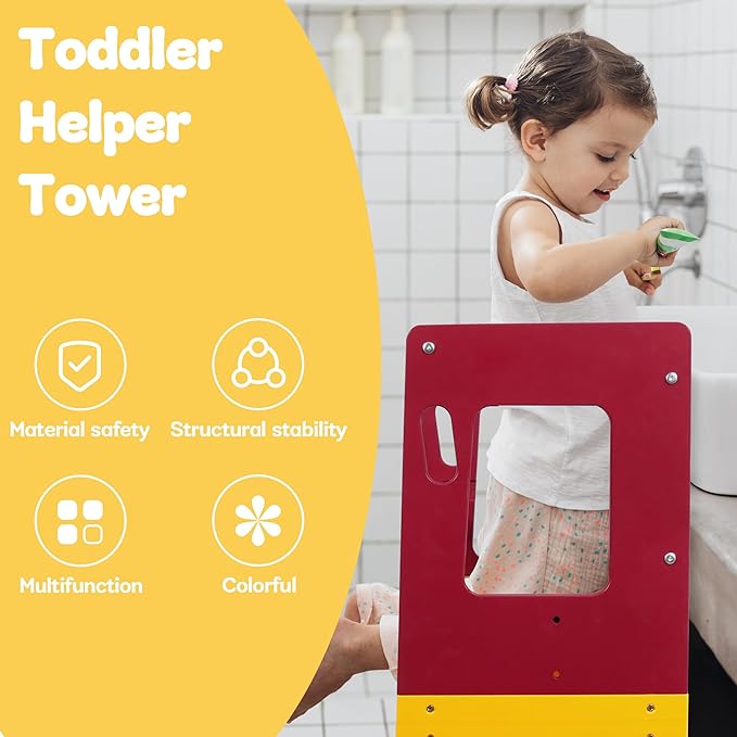 Toddler Kitchen Step Stool Helper, Toddler Standing Tower with Removable Anti-Drop Railing, Adjustable Height, Anti-Slip, Kitchen Step Stool for 18-72 Months, Blue&Red