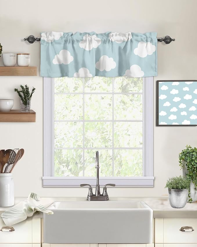 Vandarllin Kids Kitchen Curtains Valances for Windows Blue White Cloud Cartoon Rod Pocket Window Treatment for Kitchen/Living Room/Bedroom/Bathroom,42" X 18" -1 Panel,