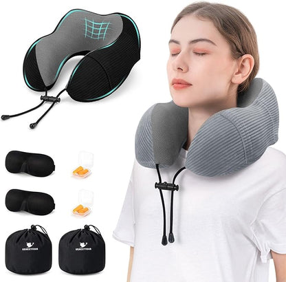 Travel Pillow for Airplane Memory Foam Neck Pillows, 2 Pack Travel Pillow for Travelling with Eye Mask, Earplugs and Storage Bag, Sleeping Rest, Car, Train and Home Use Fleece, Grey & Black