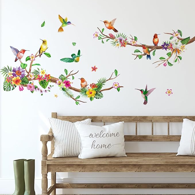 Zonon Flowers Wall Decals Vinyl Dragonflies Flowers Wall Stickers Removable Floral Wall Murals Peel and Stick Colorful Flower Wall Decor for Bedroom Living Room Nursery(Hummingbirds)