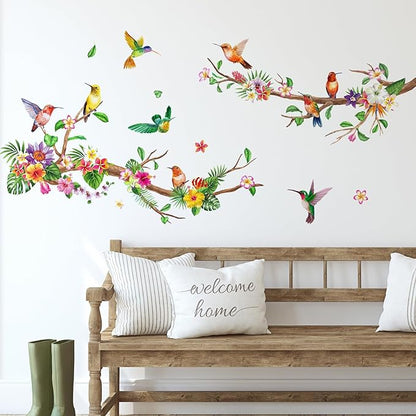 Zonon Flowers Wall Decals Vinyl Dragonflies Flowers Wall Stickers Removable Floral Wall Murals Peel and Stick Colorful Flower Wall Decor for Bedroom Living Room Nursery(Hummingbirds)