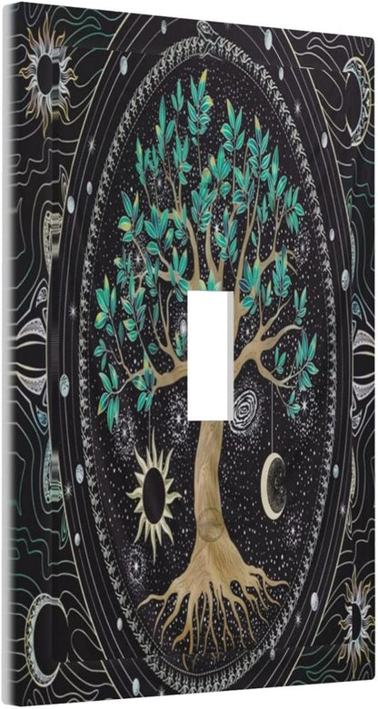 Tree of Life Blackground 1 Gang Light Switch Cover Decorative Hippie Sun Moon Star Single Toggle Wall Plate Switchcovers Electrical Switchplate Home Decor for Bathroom Living Room Bedroom Decorate