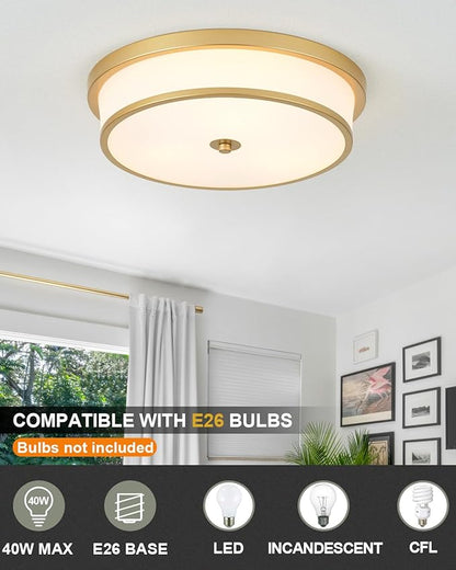 16 inch Flush Mount Ceiling Light, 3-Light Close to Ceiling Light Fixtures with Gold Finish for Livingroom Bedroom Kitchen Diningroom (Gold)