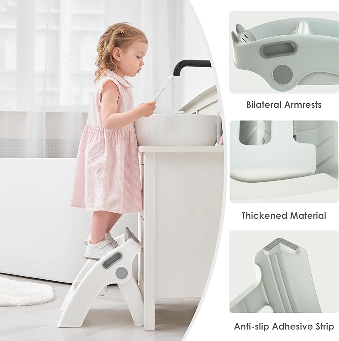 Toddler Step Stool Foldable 2 Step Stool for Kids Collapsible Stool Anti-Slip Stepping Stool for Bathroom Sink Potty Toilet Toddler Kitchen Stool Helper (Grey)