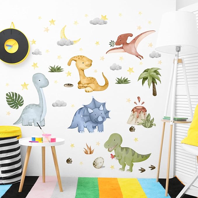 Yovkky Watercolor Baby Dinosaur Wall Decals Stickers, Dino Volcano Tropical Leaf Palm Tree Baby Boy Girl Room Nursery Decor, Cloud Moon Star Neutral Home Decorations Kid Bedroom Playroom Art