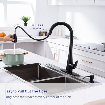 Touch on Kitchen Faucet with Soap Dispenser and Pull Down Sprayer - Single Handle Kitchen Sink Faucet, 1 or 3 Hole Design for Modern Farmhouse Kitchens, Rv, and Bar Sinks(Matte Black)