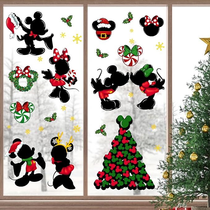 Yovkky 88 PCS Merry Christmas Window Clings, 2025 New Year Christmas Mouse Xmas Tree Green Red Stickers Decals Decor, Peppermint Candy Wreath Winter Snowflakes Holiday Party Home Kitchen Decorations