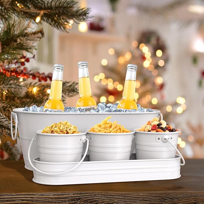 Oval Ice Bucket with 3 Serve Buckets Set - Condiments, Nuts, Ice Cream, Snacks, Candy Serving Bowls, Galvanized Metal Drink Cooler Beverage Tub, Chill Wine & Beer, 2.4 for Home Parties Gallons, White