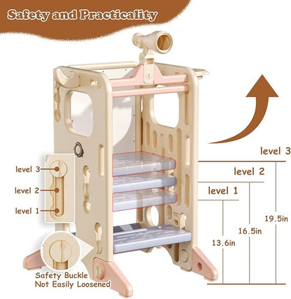 7 in 1 Kitchen Toddler Step Stool, Multifunctional Toddler Learning Tower with Double Safety Rails, 3 Adjustable Heights Anti-Slip Protection Toddler Step Stool for Bathroom Sink