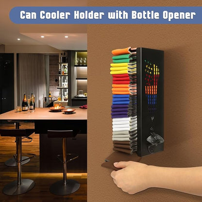 2 in 1 Can Cooler Holder with Bottle Opener, Beer Can Sleeves Storage Organizer and Dispenser for Home Family Bar, Metal, 12", Black