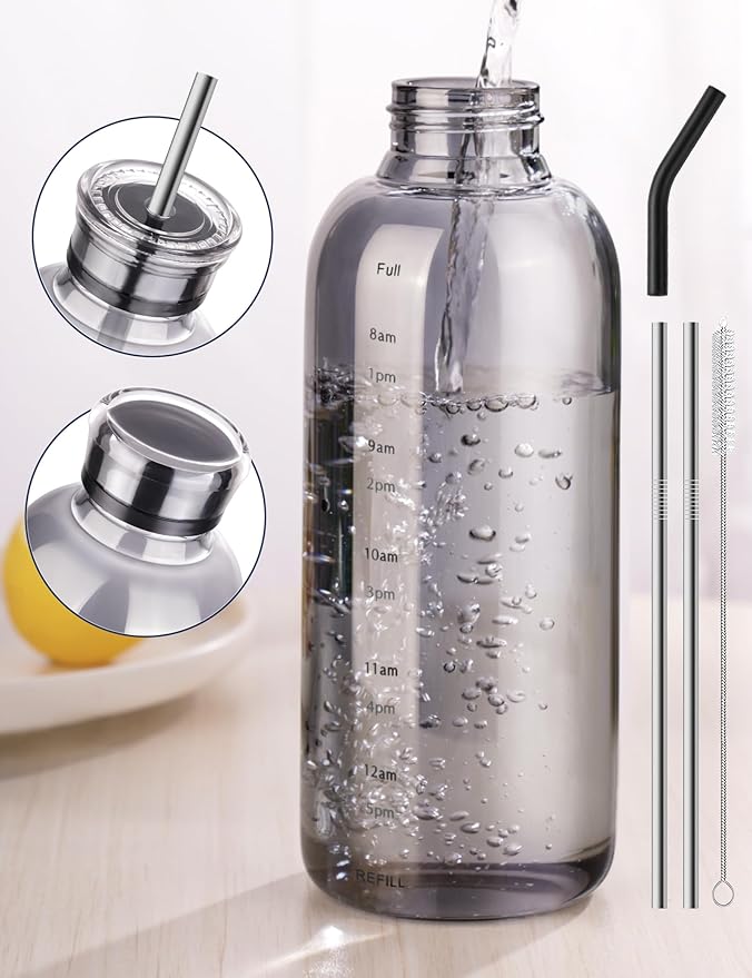 NiHome Glass Water Bottle 25oz/750ml with Two Caps, Stainless-Steel Straw, Brush and Silicone Cover, High Borosilicate Glass for Hot & Cold Beverages, Leak-Proof for Travel, Gym, Office (Smoky Gray)