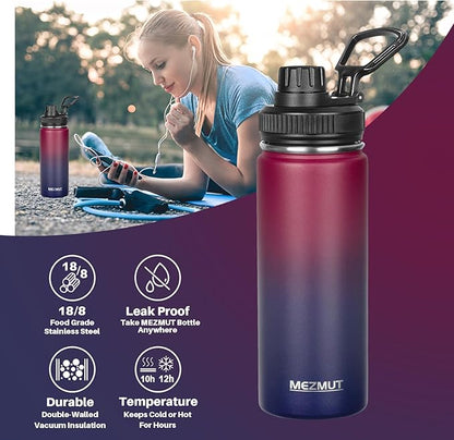 18oz Insulated Water Bottle with Straw&3 Lids Stainless Steel Water Bottles Kids Metal Thermos Water Bottle Cup for School Vacuum Insulated Bottles Leak-Proof Travel Thermal (Gradient Red Blue)