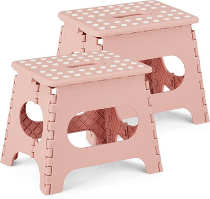 VECELO Folding Step Stool 11 Inch, Non-Slip Surface Portable Foldable 1 Step Stool with Carry Handle, Heavy Duty to Support Kids/Toddler/Adults for Living Room, Kitchen, Bathroom, Set of 2, Pink