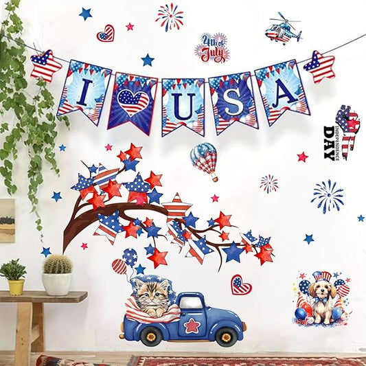 America Independence Day Wall Stickers for Wall Decor 2 Large Sheets 4th of July Wall Decals Removable Fireworks Animal Flag Star Window Decals Patriotic Memorial Day Stickers for Kitchen Home Decor