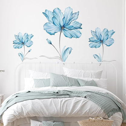 Zonon Flowers Wall Decals Vinyl Dragonflies Flowers Wall Stickers Removable Floral Wall Murals Peel and Stick Colorful Flower Wall Decor for Bedroom Living Room Nursery(Blue Flower)