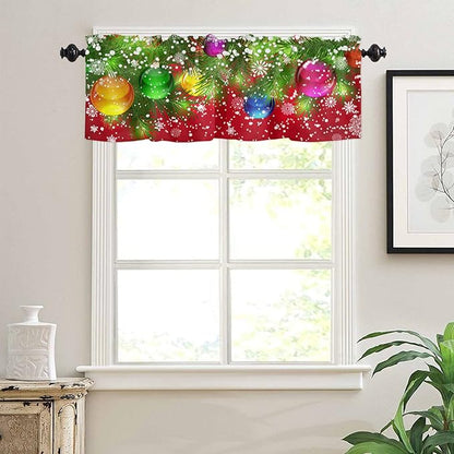 Valance Curtains for Kitchen Window, Christmas Ornaments Pine Tree Snowflakes Xmas Rod Pocket Valances Window Treatments Red Short Curtains for Bedroom/Living Room,54" X 18" -1 Panel,