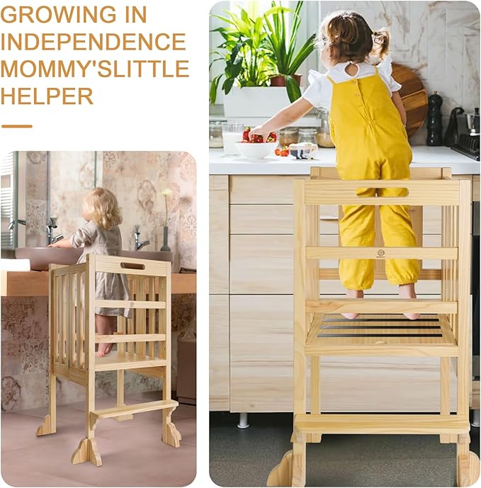 WOOD CITY Kitchen Step Stool Helper - Montessori Foldable Standing Tower for Toddlers with Safety Rail, Height Adjustable Ideal Helper for Learning New Skills, Natural Pure Pine Wood (Natural)