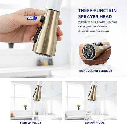 Touch on Kitchen Faucet with Soap Dispenser and Pull Down Sprayer - Single Handle Kitchen Sink Faucet, 1 or 3 Hole Design for Modern Farmhouse Kitchens, Rv, and Bar Sinks (Whit and Gold)