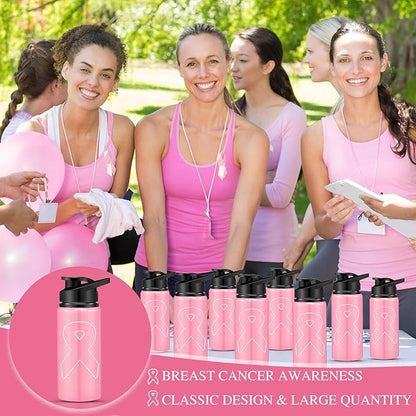 12 Pieces Breast Cancer Awareness Gifts Aluminum Water Bottles Pink Ribbon Breast Cancer Gift for Women Leak Proof Lightweight Portable Bottles for Marathon Running (Stylish Style,20 oz)