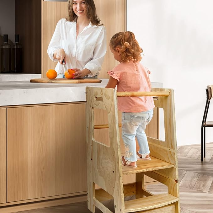 Toddler Kitchen Stool, Toddler Tower with Safety Rail, Toddler Stool for Kitchen Counter, Adjustable Height Little Helper Tower, Kitchen Stool for Toddlers 18 Months and Older, Natural Color