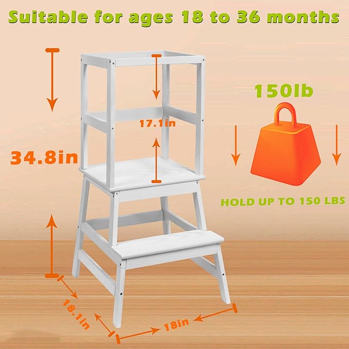 Toddler Tower,Kitchen Step Stool for 18 Months and Older,Solid Wood Toddler Helper Stool(White)