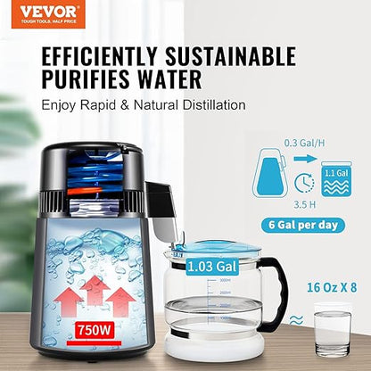 VEVOR Water Distiller, 4L 1.05 Gallon Pure Water Purifier Filter for Home Countertop, 750W Distilled Water Maker, Stainless Steel Interior Distiller Water Making Machine to Make Clean Water, Gray