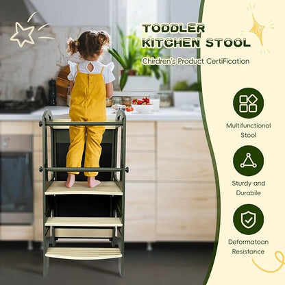 Toddler Kitchen Step Stool,Kids Standing Tower, Removable Anti-Drop Railing Safety Rail,A Anti-tip Structure More Stable, Natural Wooden