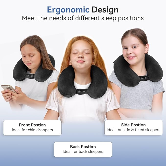 Neck Pillow Airplane, Kids Travel Pillow Memory Foam, Soft & Support Travel Neck Pillow for Travelling Sleeping Plane Car Train and Home Use, Black