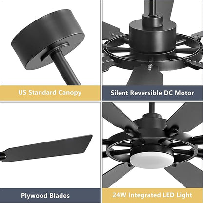 60" Ceiling Fan with Lights and Remote Control, Wood 8 Blades 6-Speed Dimmable Light Noiseless Reversible DC Motor, Modern Large Ceiling fan for Kitchen Bedroom Dining Living Room, Black