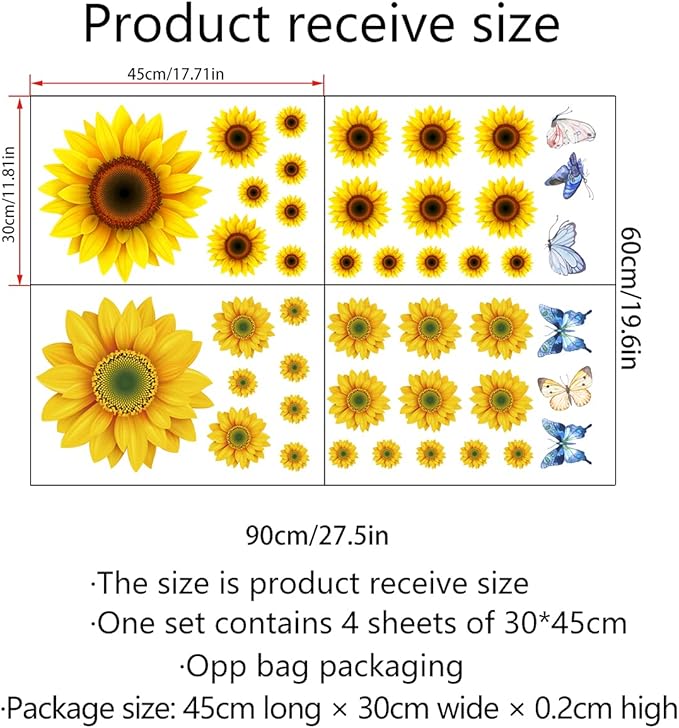 Sunflower Wall Stickers with 3D Butterfly Removable Yellow Flower Wall Decals Waterproof Sunflower Decor Mural for Nursery Baby Kids Bedroom Living Room Bathroom Kitchen Decoration (44 Pcs Yellow)