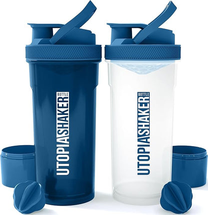 Utopia Home Shaker Bottle 2 Pack - 24 Ounce Plastic Protein or Cocktail Shaker Bottle for Pre & Post workout with Twist & Lock Protein Box Storage (All Navy & Clear/Navy)