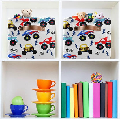 Monster Truck Toy Storage Basket Fabric Kitchen Baskets Race Cars Boys Toys Open Home Storage Bins Boxes Foldable Organizer Bag for Baby Cloth Pet Book Shelf Closet Baskets 16×12×8 Inches