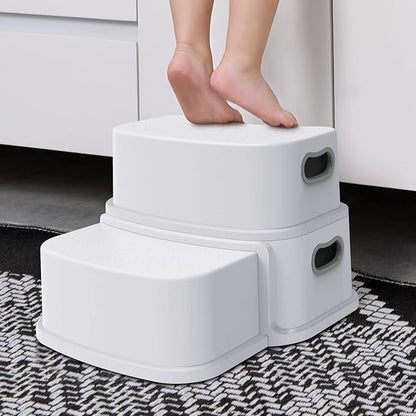 2 Step Stool for Toddlers, Anti-Slip Sturdy Toddler Step Stool for Bathroom Sink, Toilet Potty Training, Bathroom, Kitchen (White)