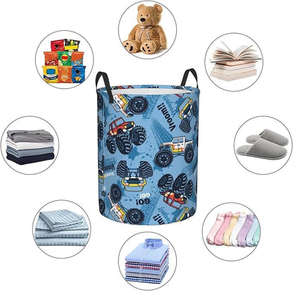 Monster Truck Car Pattern Round Laundry Hamper Storage Basket Toys Clothes Organizer Bin For Home Bathroom Bedroom Dorm Nursery, 62l