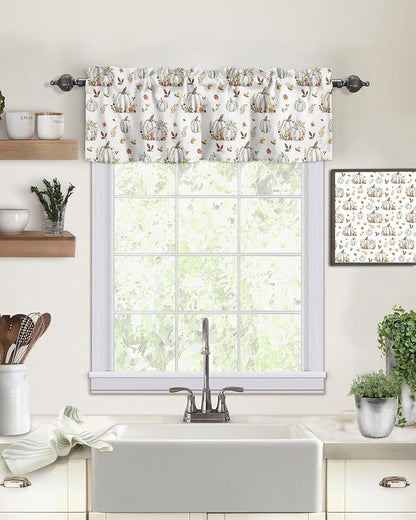 Vandarllin Fall Floral Leaves Kitchen Curtains Valances for Windows Thanksgiving Pumpkins Rod Pocket Window Treatment for Kitchen/Living Room/Bedroom/Bathroom,60" X 18"-1 Panel, Boho